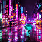 Rainy night city street with neon signs, wet pavement, and two people with umbrellas