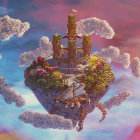 Surreal landscape featuring floating islands connected by gingerbread men on winding paths under a dreamy sky