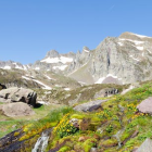 Scenic mountain landscape with snowy peaks and birds