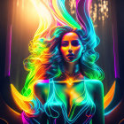 Colorful digital artwork: Woman with neon outlines on dark background