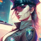 Vibrant digital artwork: Woman in stylized police uniform