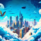 Futuristic cityscape with UFOs and skyscrapers in vibrant colors