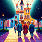 Elderly trio strolling on whimsical street to fairytale castle