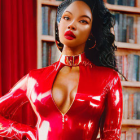 Colorful neon-lit hair woman in lace top against red backdrop