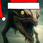 Dinosaur with sharp teeth in Santa hat under stormy sky