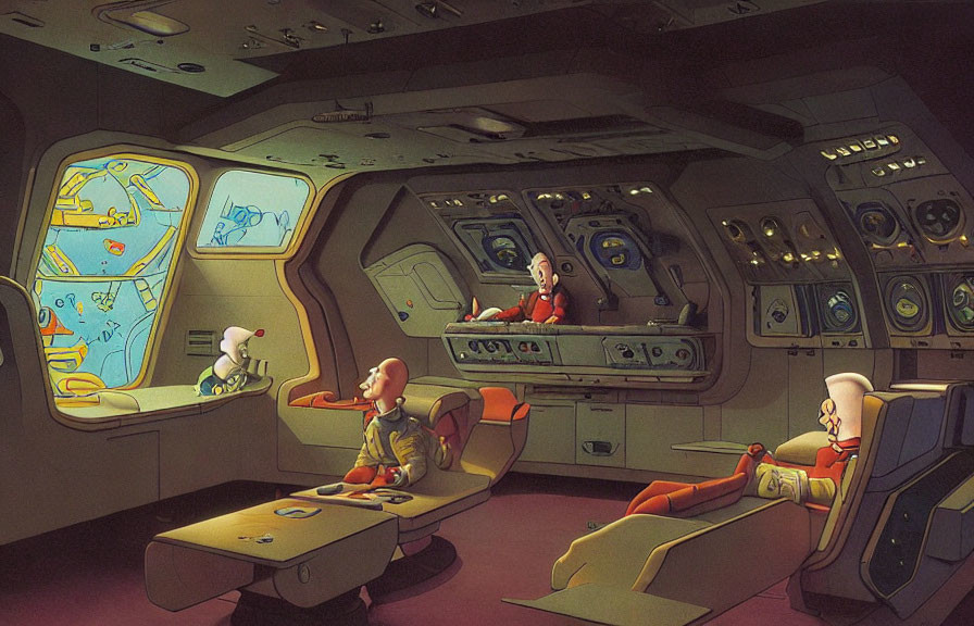 Retro-futuristic spacecraft control room with characters and complex consoles