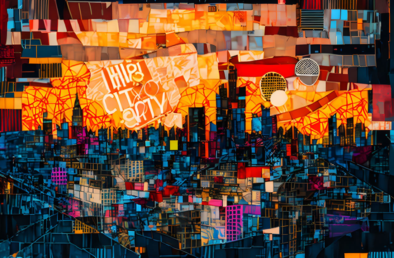 Colorful geometric abstract cityscape with bold text overlay