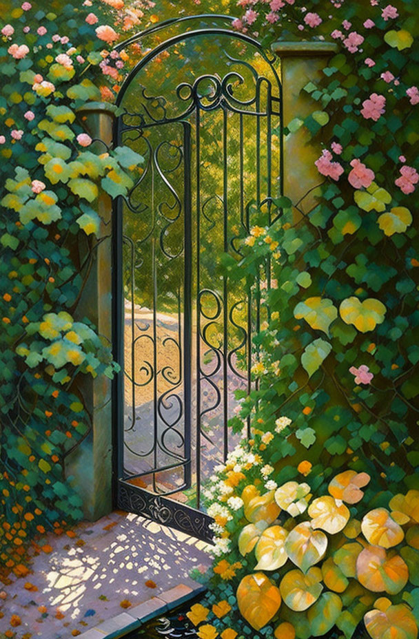 Ornate iron gate in lush garden with flowering vines