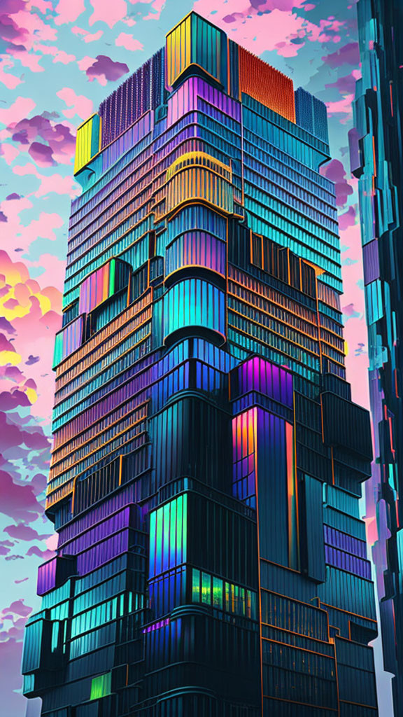 Digitally altered futuristic skyscraper with vibrant neon colors in twilight sky