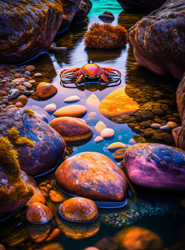 Vibrant digitally altered landscape with colorful rocks, reflective water, and vivid crab