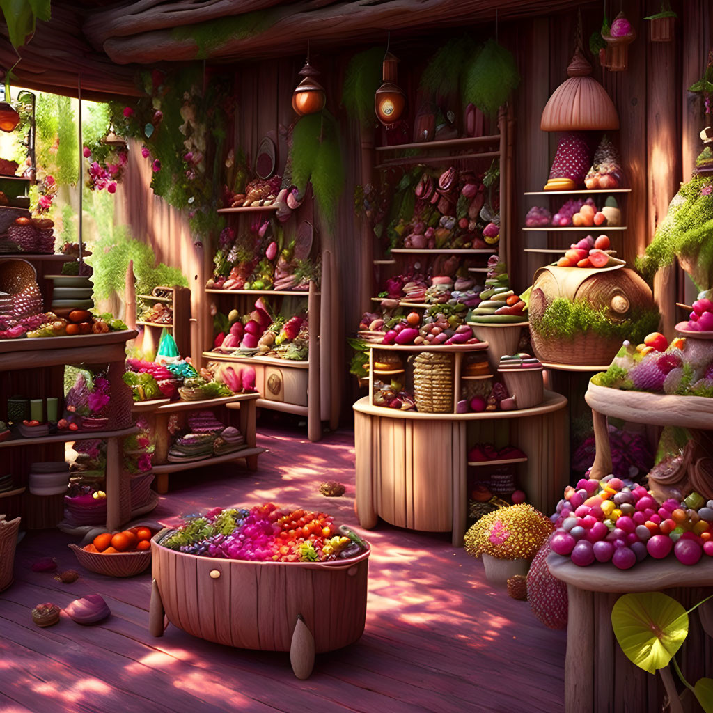 Colorful fantasy fruit shop illustration with abundant fruits displayed in baskets and shelves.