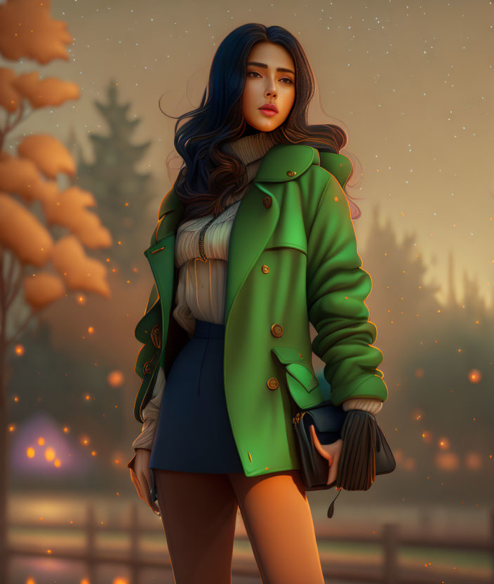 Illustrated woman with blue hair in green coat against autumnal twilight backdrop