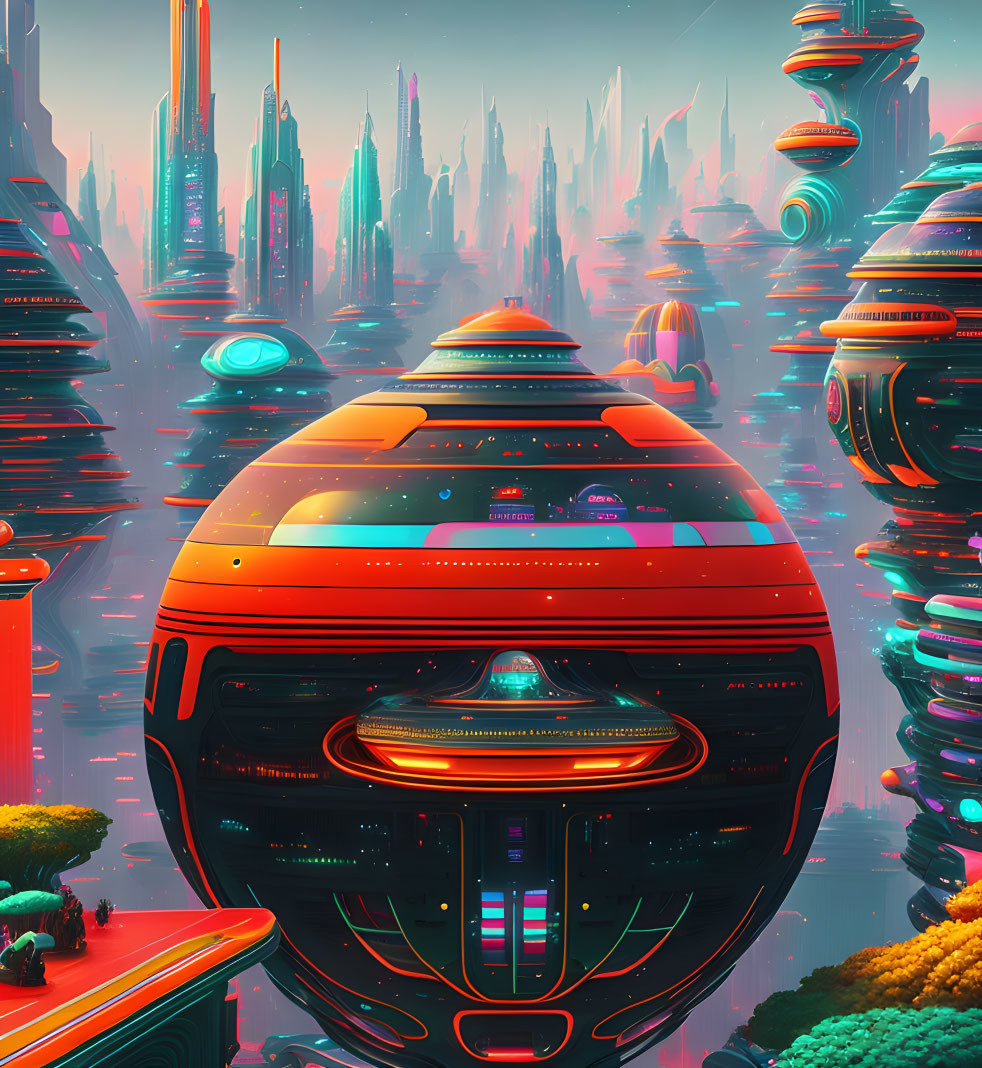 Futuristic cityscape with neon lights, hovering spacecraft, and alien flora