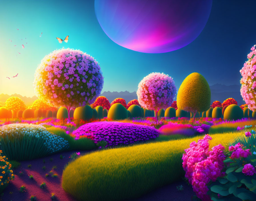 Colorful fantasy landscape with spherical trees, flowers, butterflies, and oversized purple planet.