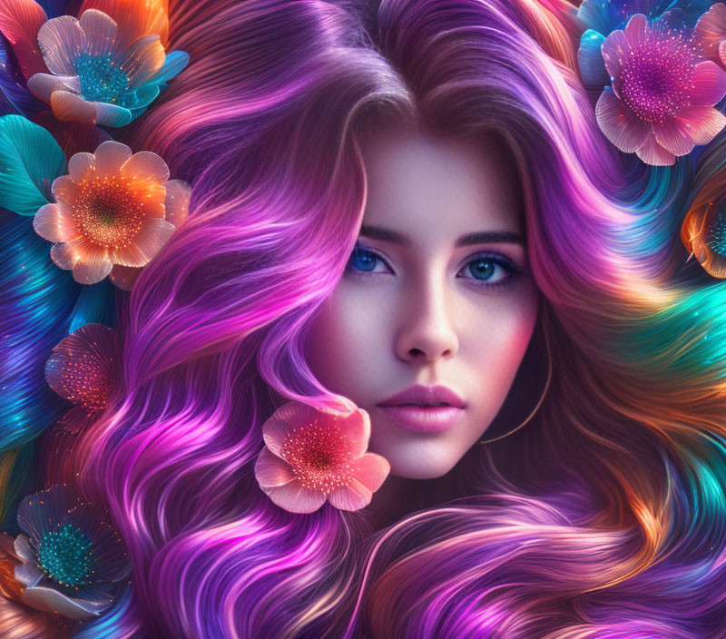 Colorful digital artwork of a woman with vibrant, multicolored hair flowing among luminous flowers,