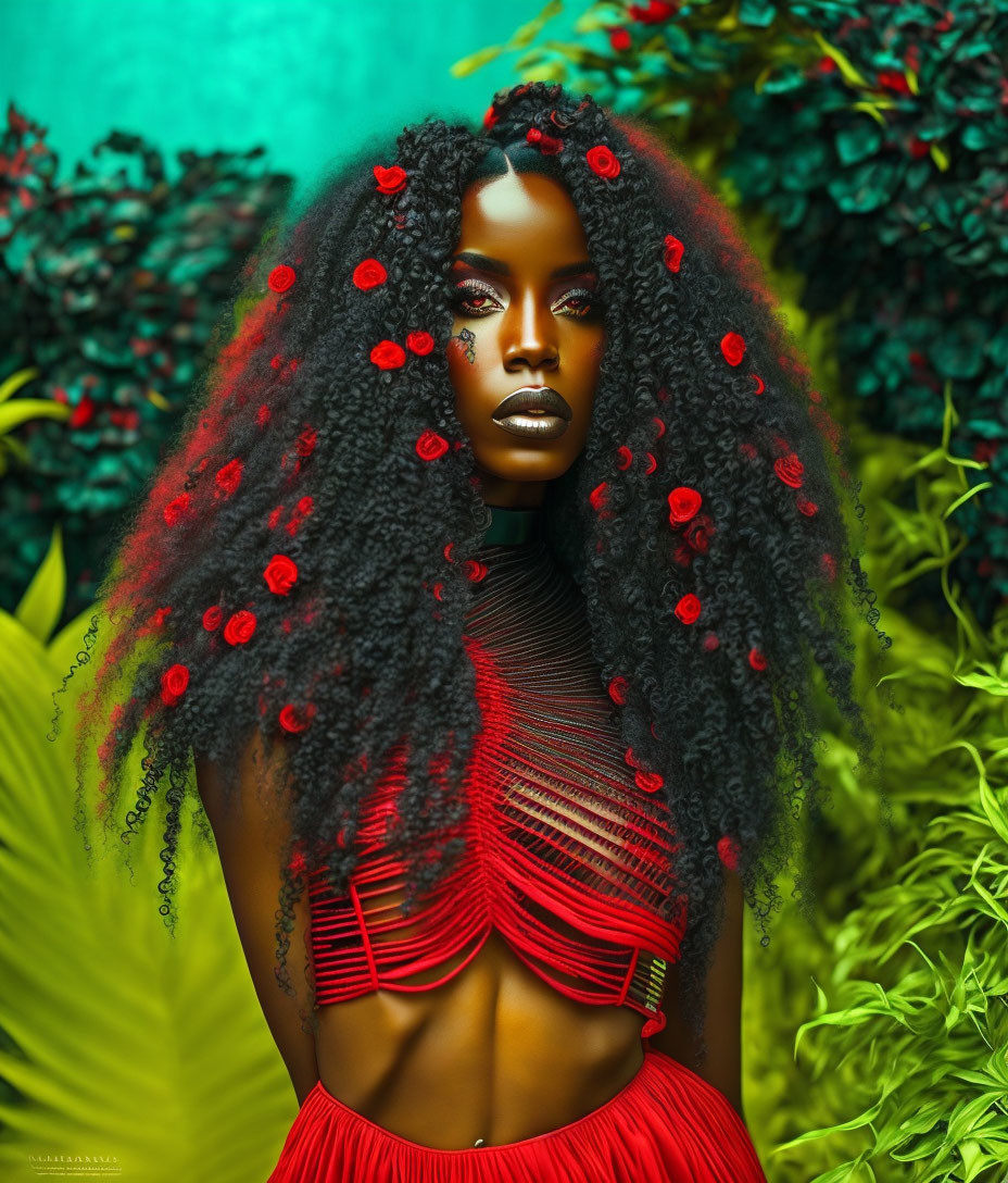 Woman with Striking Makeup and Black Hair Adorned with Red Flowers in Red Outfit against Green