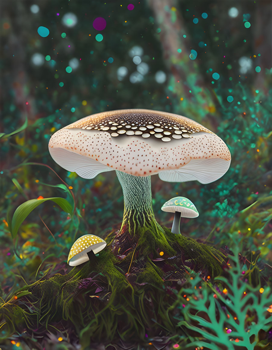 Detailed Mushroom Trio in Fantastical Forest Scene