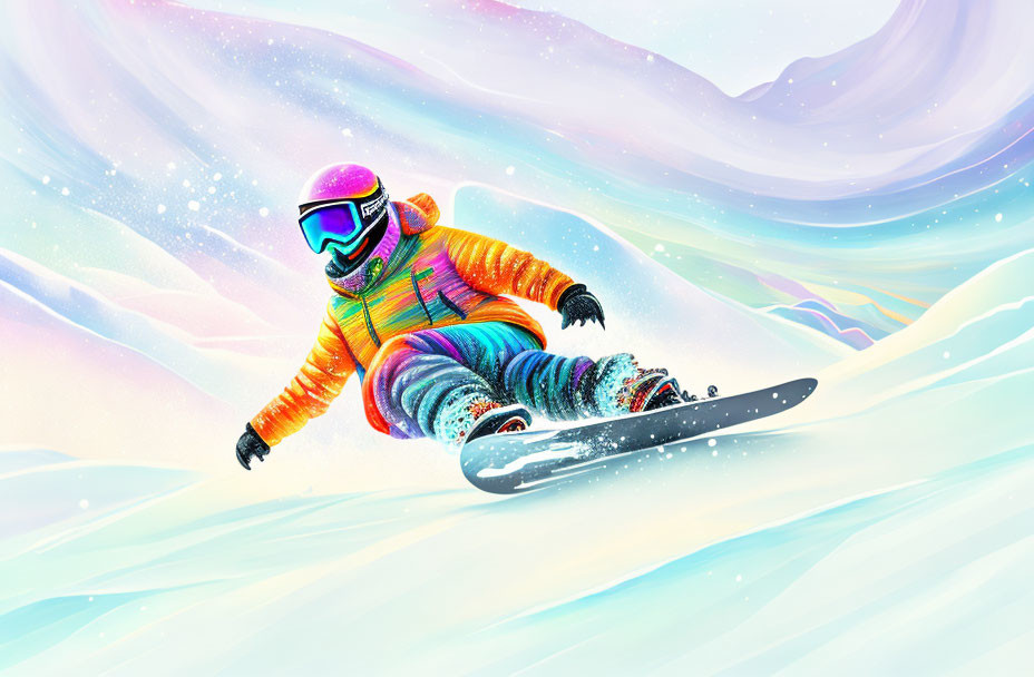 Colorful Snowboarder Carving Through Snow