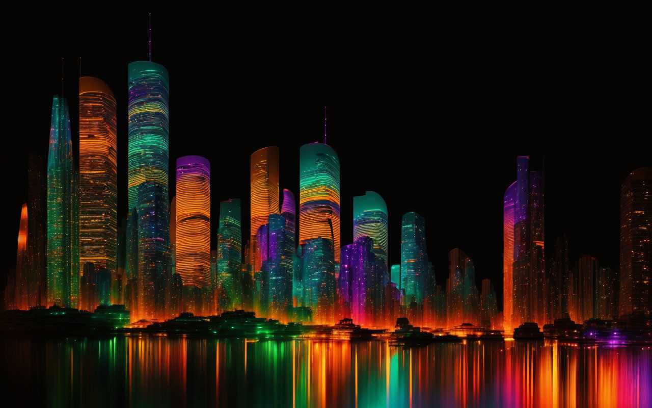 Colorful illuminated skyscrapers in vibrant nighttime cityscape.