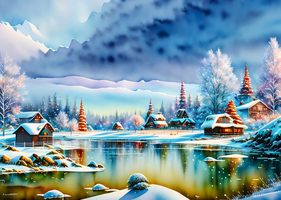 Snow-covered winter village with Christmas trees, frozen lake, mountains, and twilight sky