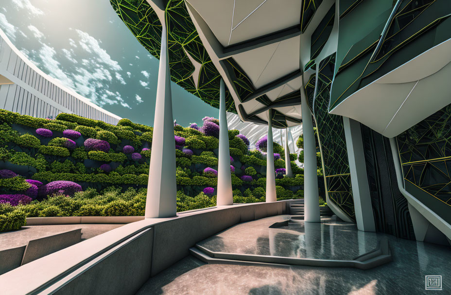 Futuristic garden with geometric structures and vibrant purple flora