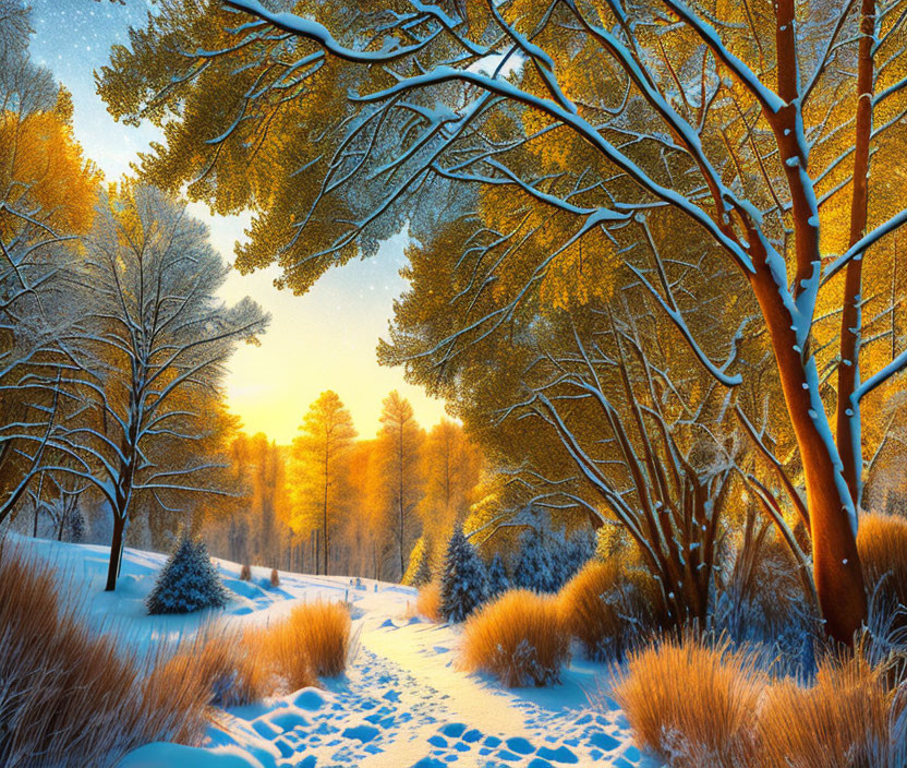 Snowy forest sunrise: Golden light on snow-covered trees