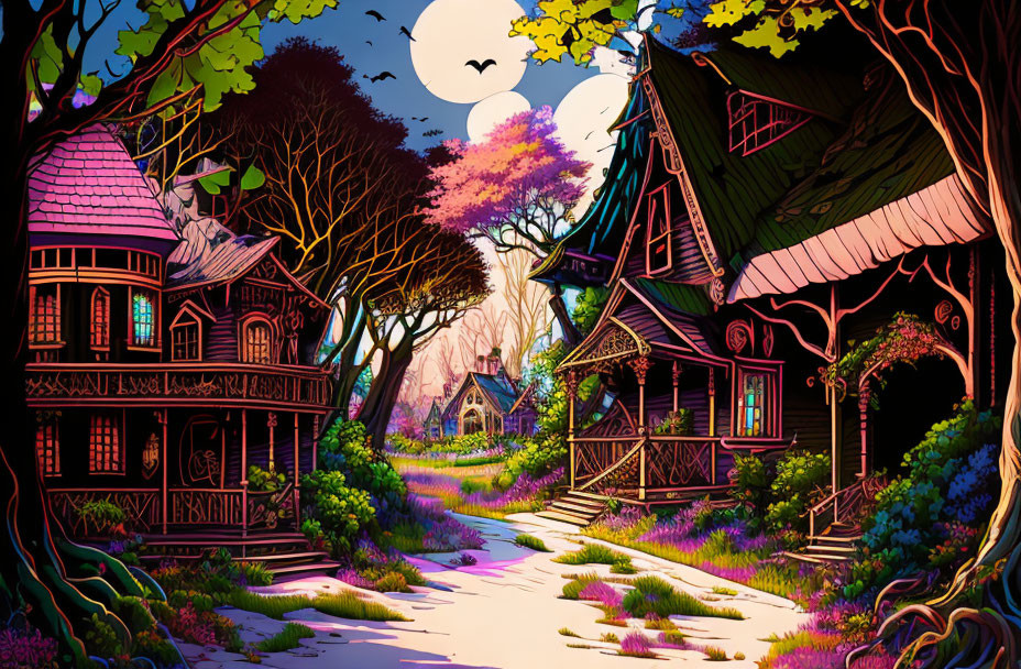 Colorful Whimsical Forest Path with Stylized Houses and Pink Sky