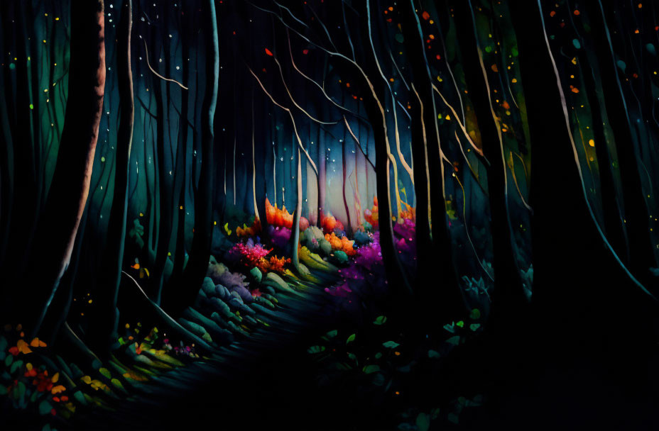 Enchanting forest scene with vibrant flowers and glowing lights