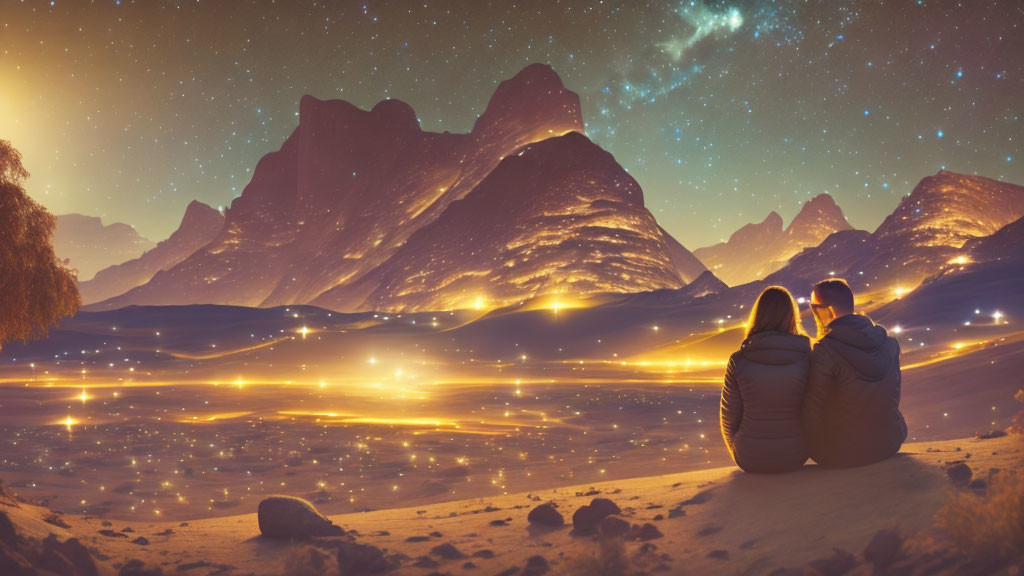 Nighttime cityscape view from hilltop with two people, starlit sky, and distant mountains.