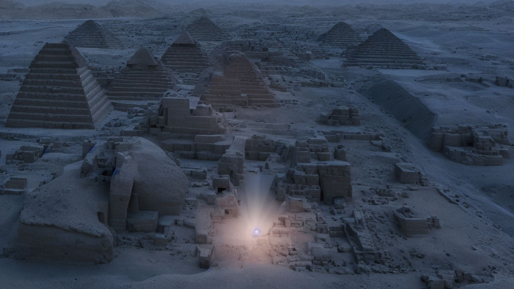 Ancient Egyptian temple entrance and pyramids at night