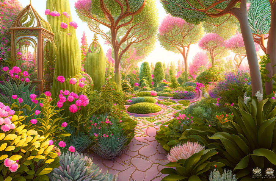 Vibrant pink and purple flower-lined garden pathway with topiary bushes and whimsical trees under