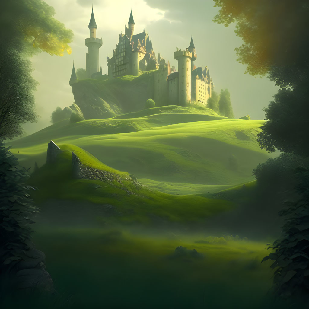 Enchanting castle on lush green hills in mystical fog