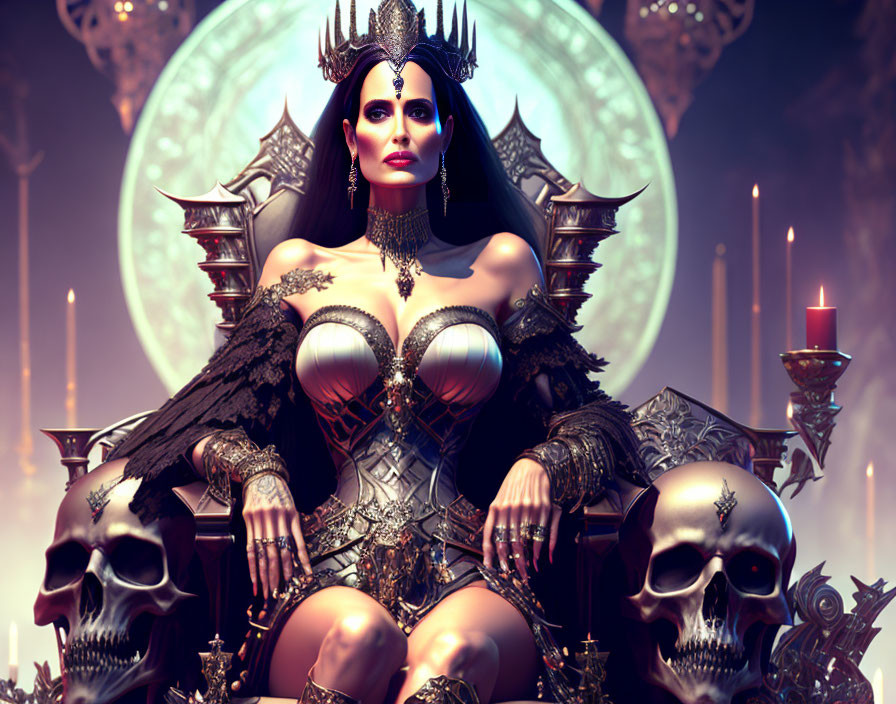 Regal woman with crown on throne, candles, skulls, full moon