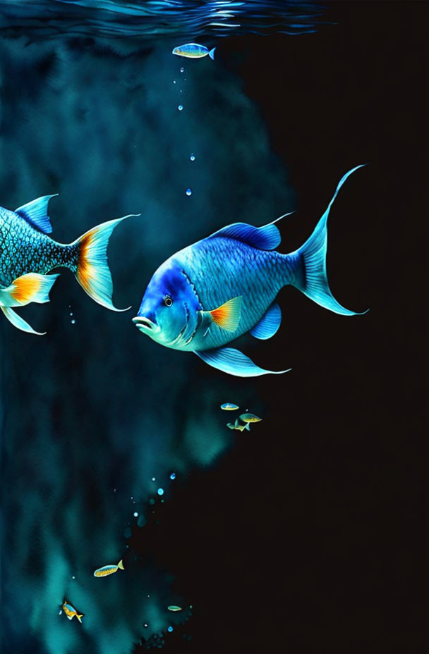 Colorful Blue Fish Swimming Among Smaller Fish in Dark Sea