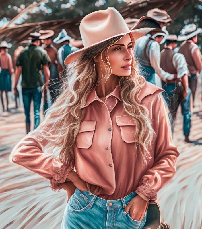 Stylish woman in cowboy hat and satin blouse in outdoor scene