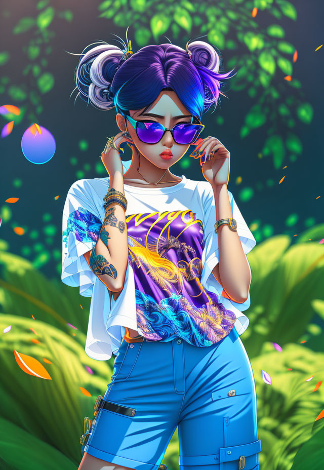 Blue-Haired Animated Character in Sunglasses and Graphic Tee Poses Thoughtfully