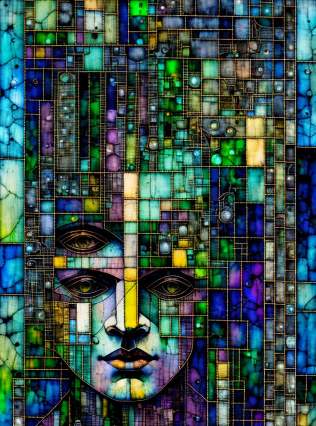 Vibrant geometric face mosaic in blue, green, yellow, purple