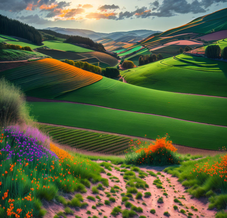 Scenic sunset landscape with green hills, fields, wildflowers, and light play