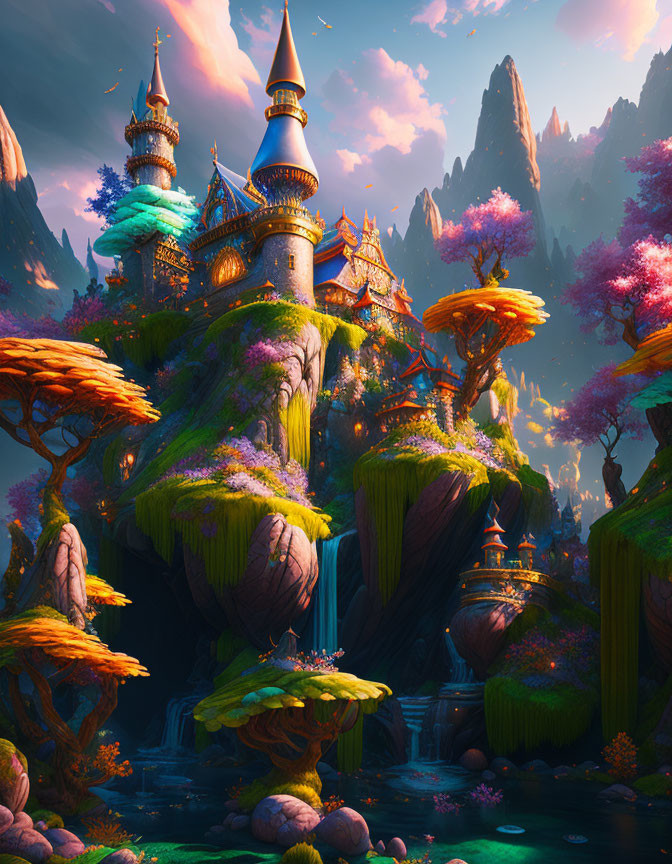 Fantastical landscape with towering castle and floating islands