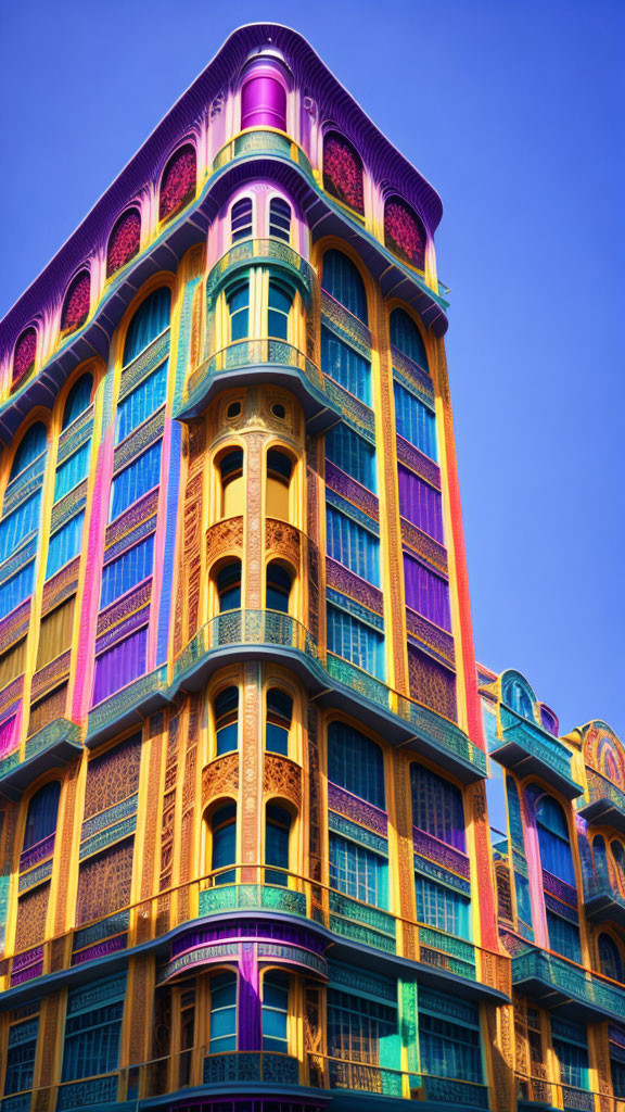 Colorful multi-arched building with decorative balconies under clear sky