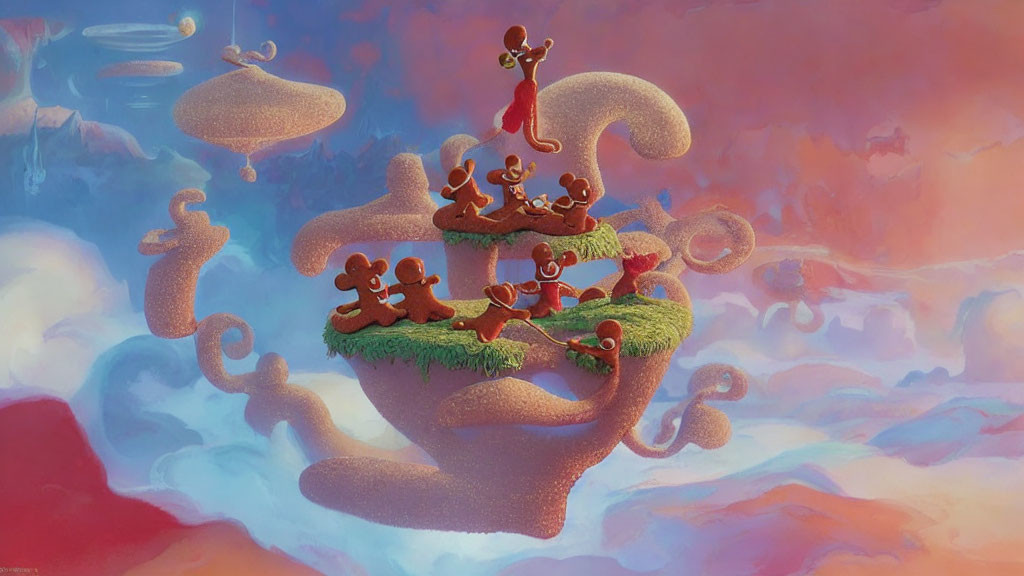 Surreal landscape featuring floating islands connected by gingerbread men on winding paths under a dreamy sky