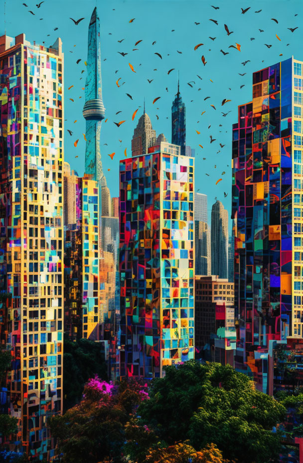 Vibrant mosaic skyscrapers under clear sky with flying birds and needle-like tower.