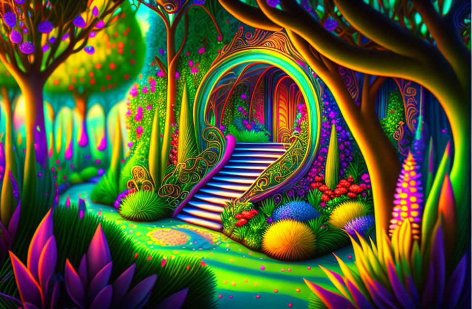 Colorful Digital Artwork: Whimsical Forest Scene with Glowing Trees and Luminous Arch