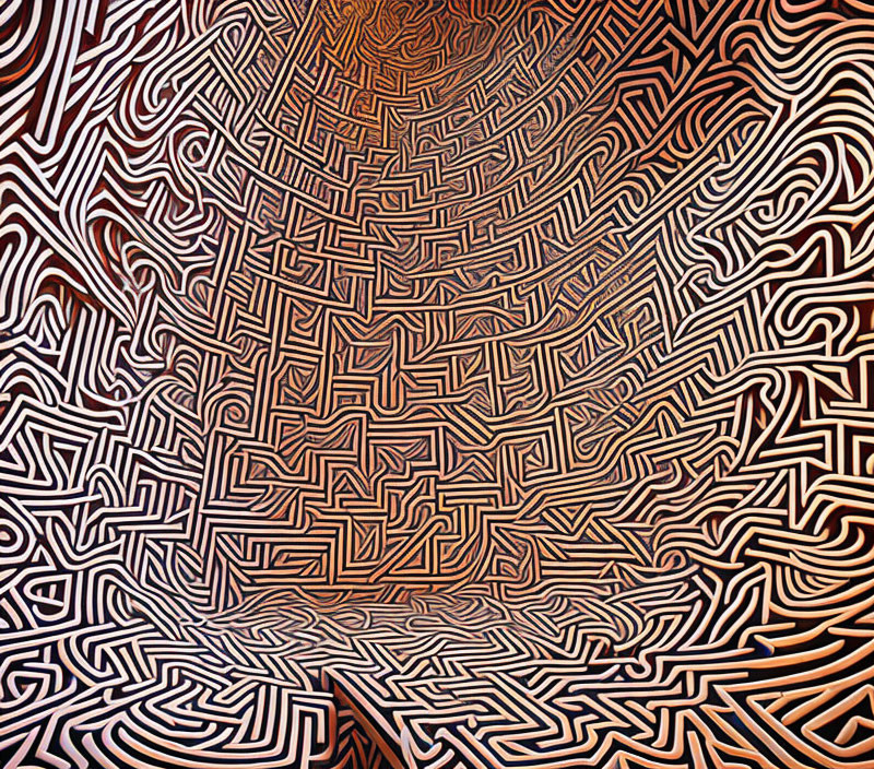 Abstract maze-like pattern with swirling black lines on orange gradient.