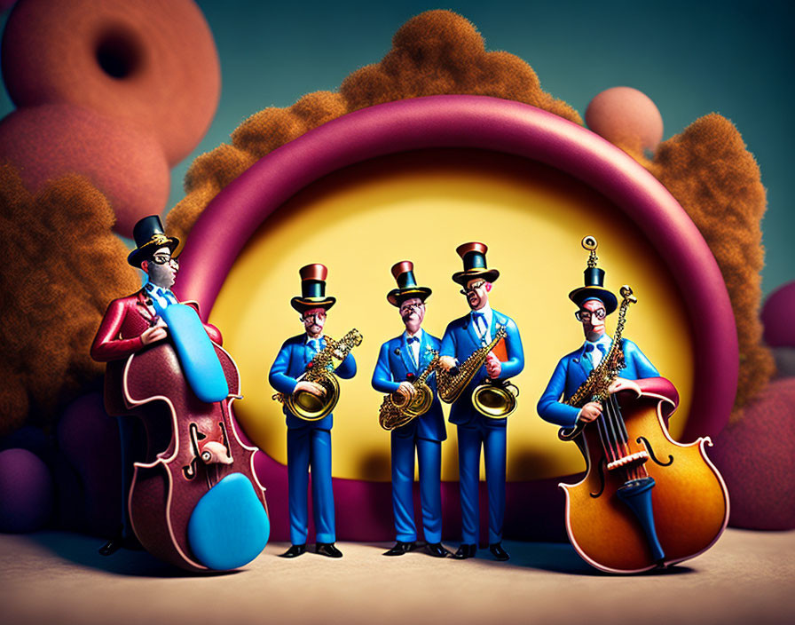 Vibrant jazz band illustration with saxophones and double bass