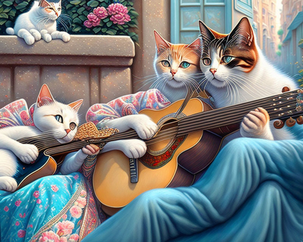 Cartoon Cats Playing Music on Quilt with Cityscape Background