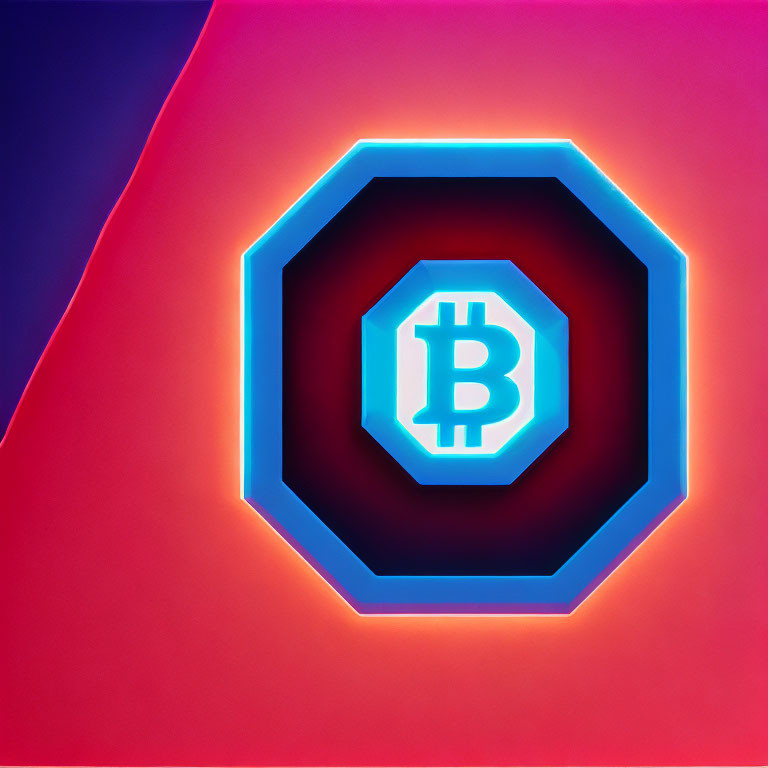 Glowing Bitcoin logo in neon-lit hexagon on red and purple backdrop