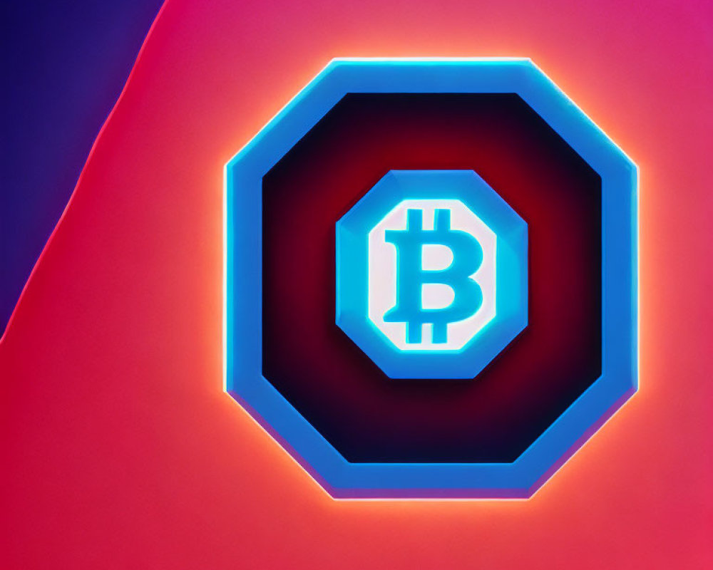 Glowing Bitcoin logo in neon-lit hexagon on red and purple backdrop