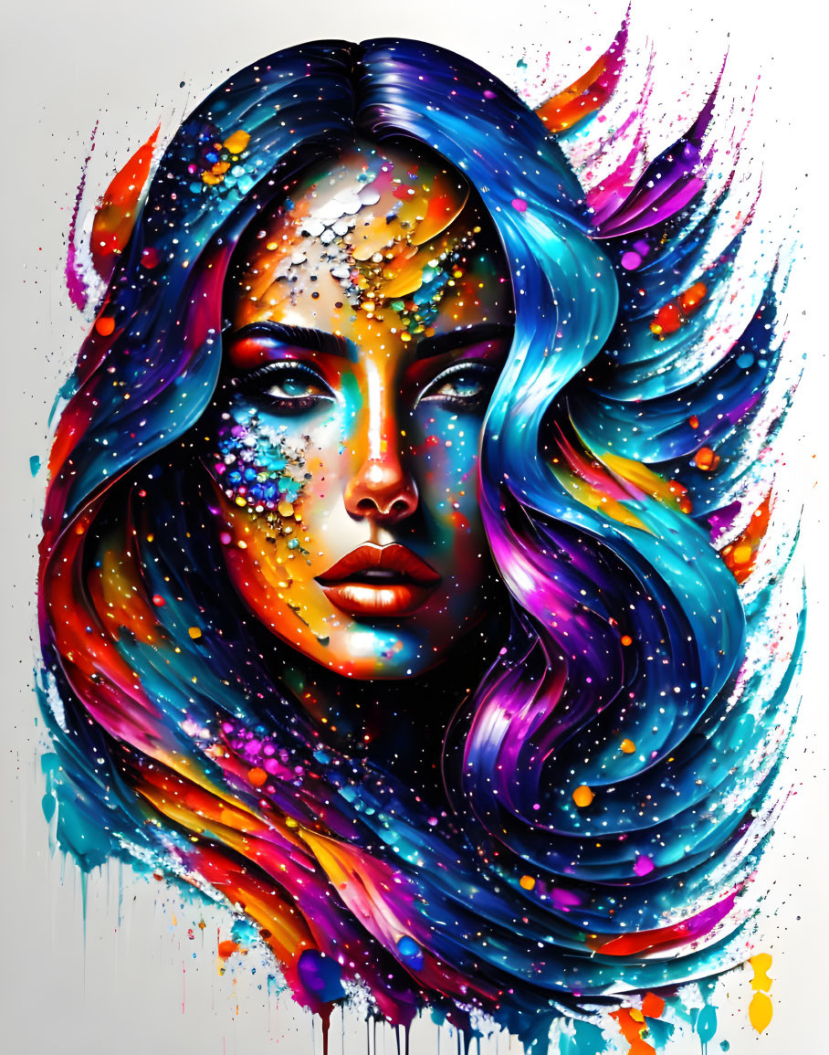 Colorful cosmic artwork featuring a woman with flowing hair and splattered paint elements