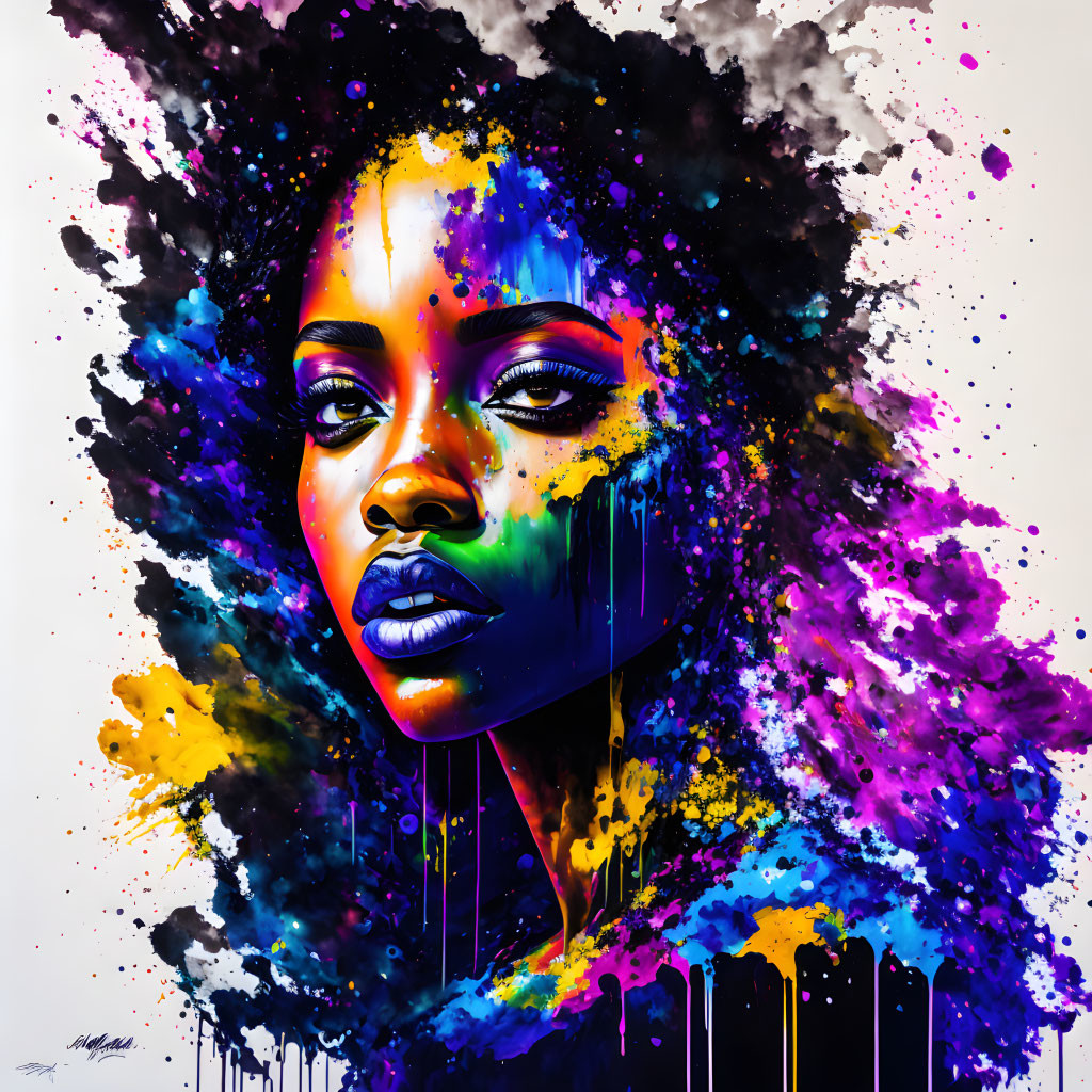 Colorful Portrait of Woman with Afro and Paint Splashes